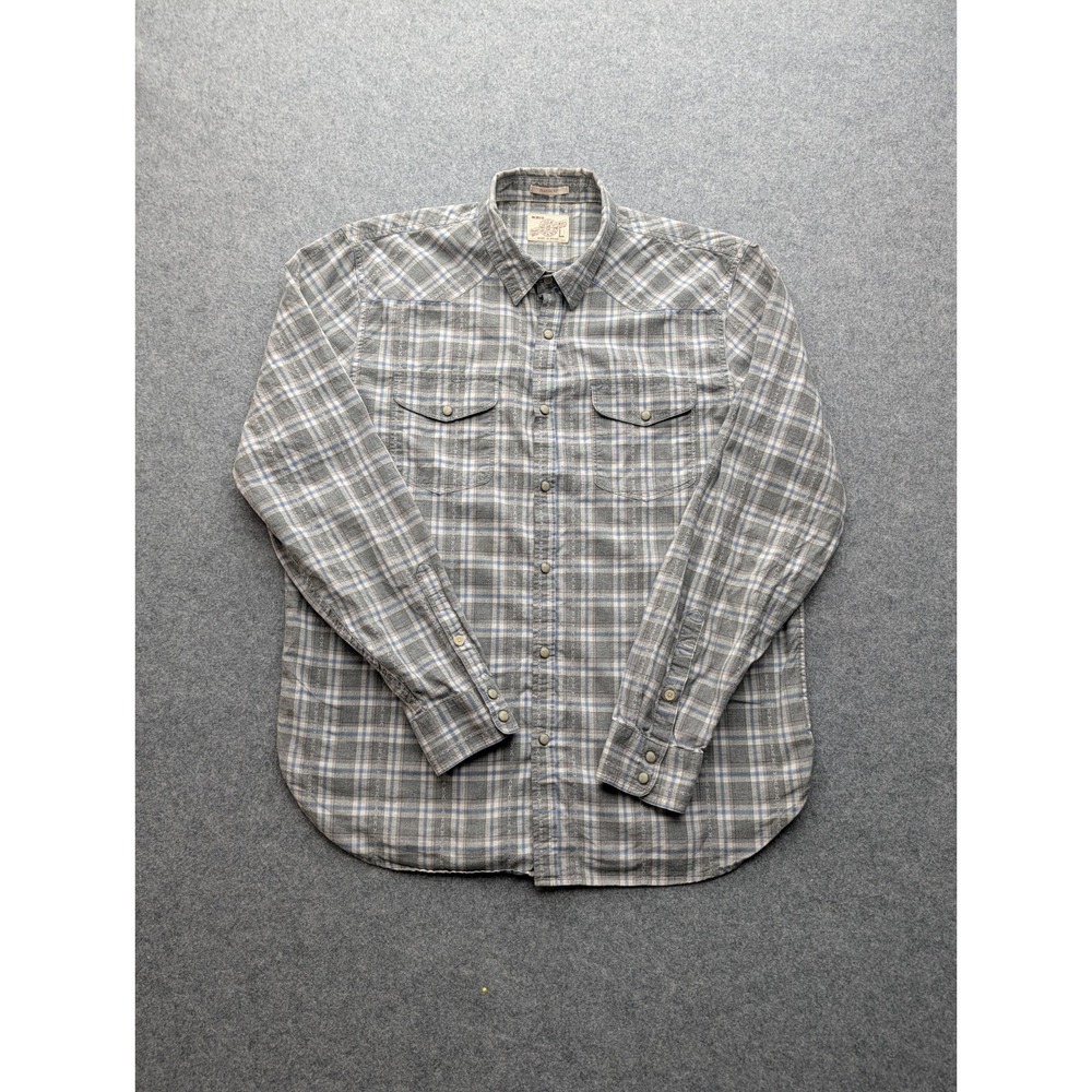 Lucky Brand Mens L Grey Blue Plaid Western Snap Shirt Long Sleeve Pearl...